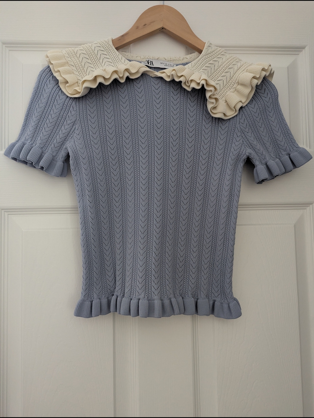Zara Soft Blue Knit Top with Cream Ruffle Collar